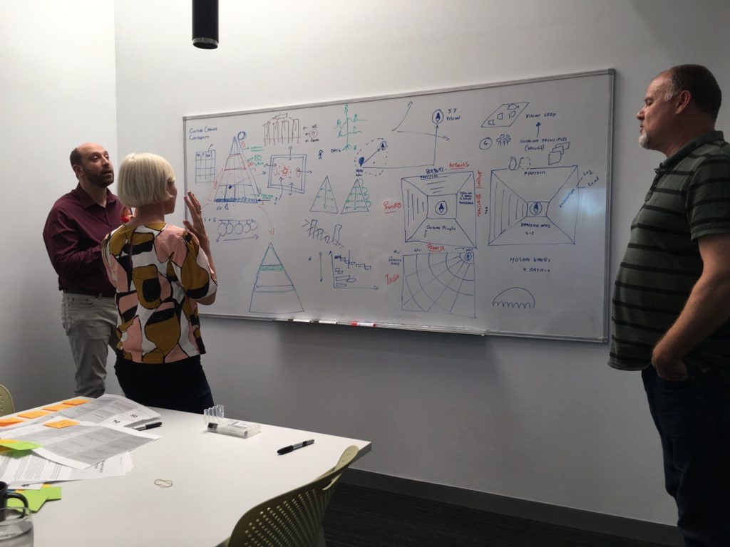 Discussion en formation devant un tableau blanc